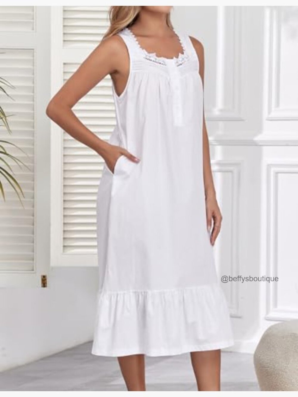 Women's Cotton Sleeveless Nightgown with Pockets Victorian Sleep Dress - Picture 3 of 7